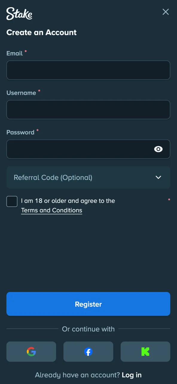Stake sign up interface mobile view.