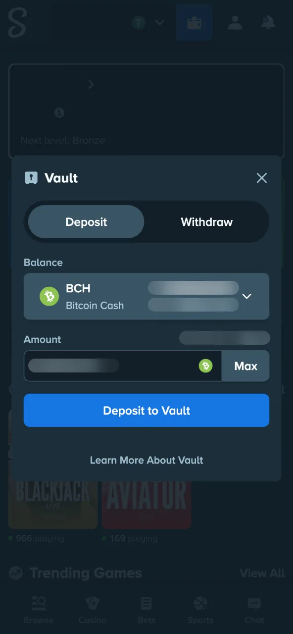 Deposit Stake funds via crypto or bank transfer.