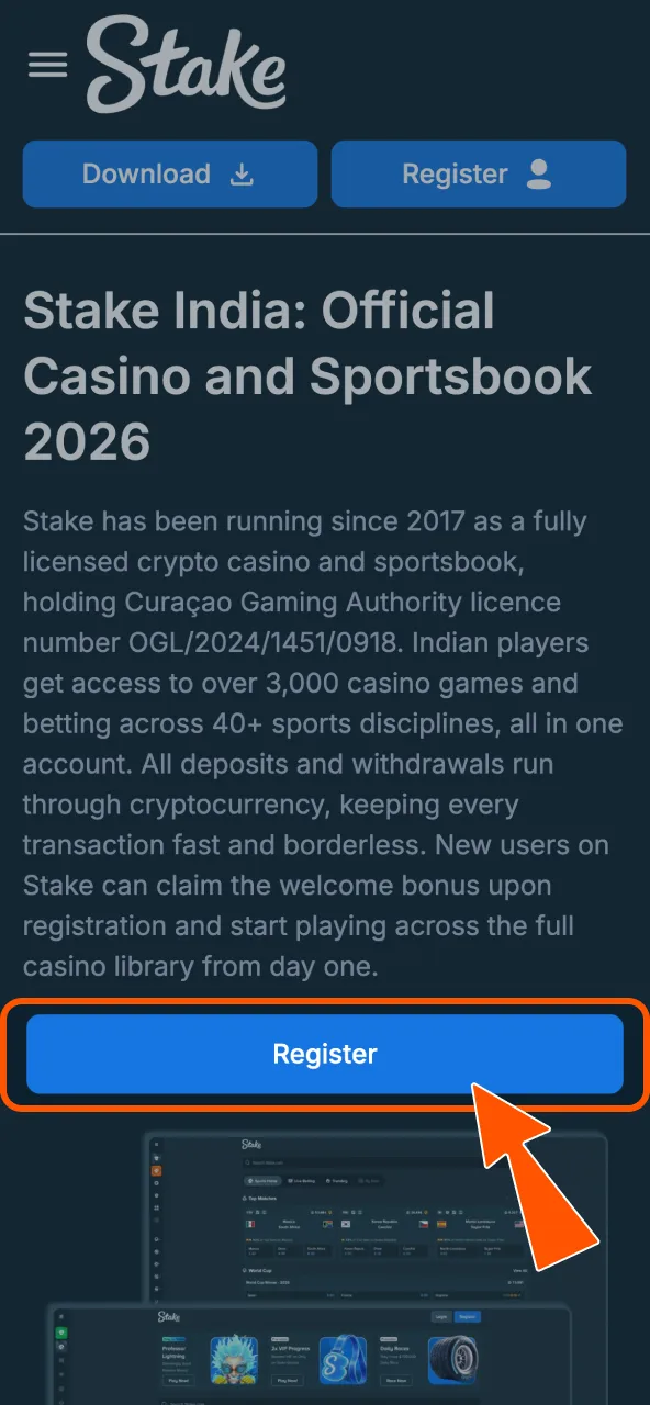 Stake login button opens account access form.