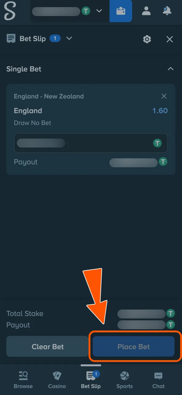 Click place bet to finalize Stake selection.
