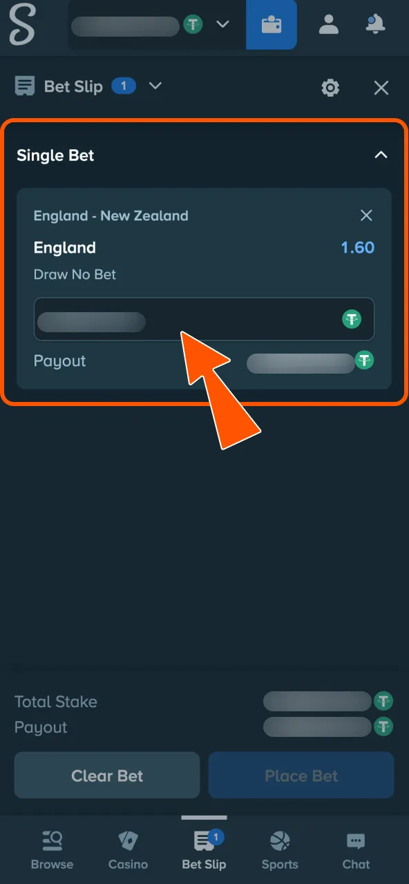 Input Stake amount in slip from crypto account balance.
