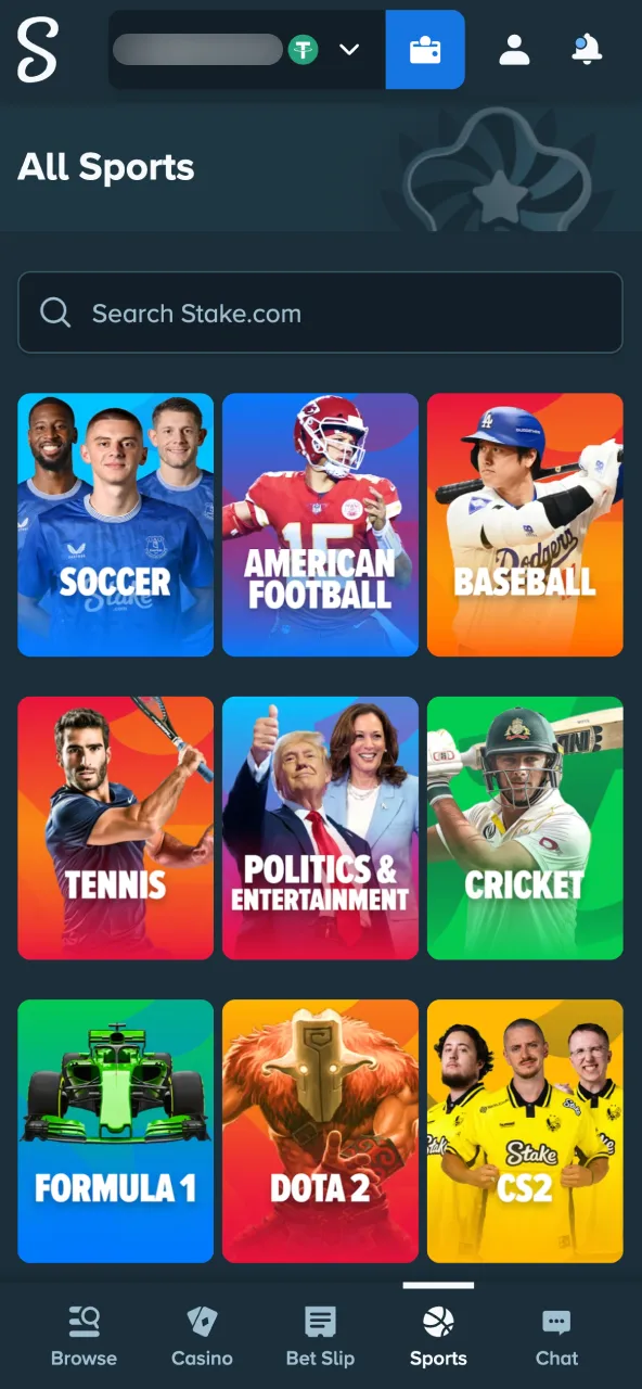 Stake sports section accessed via toggle and navigation panel.