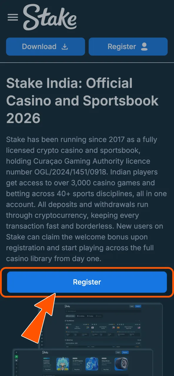 Open Stake account form via register button click.