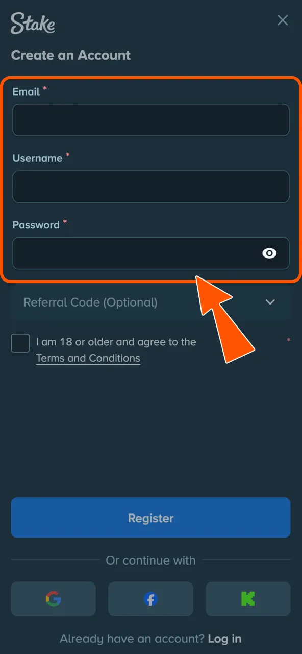 Fill Stake account details including secure password creation.