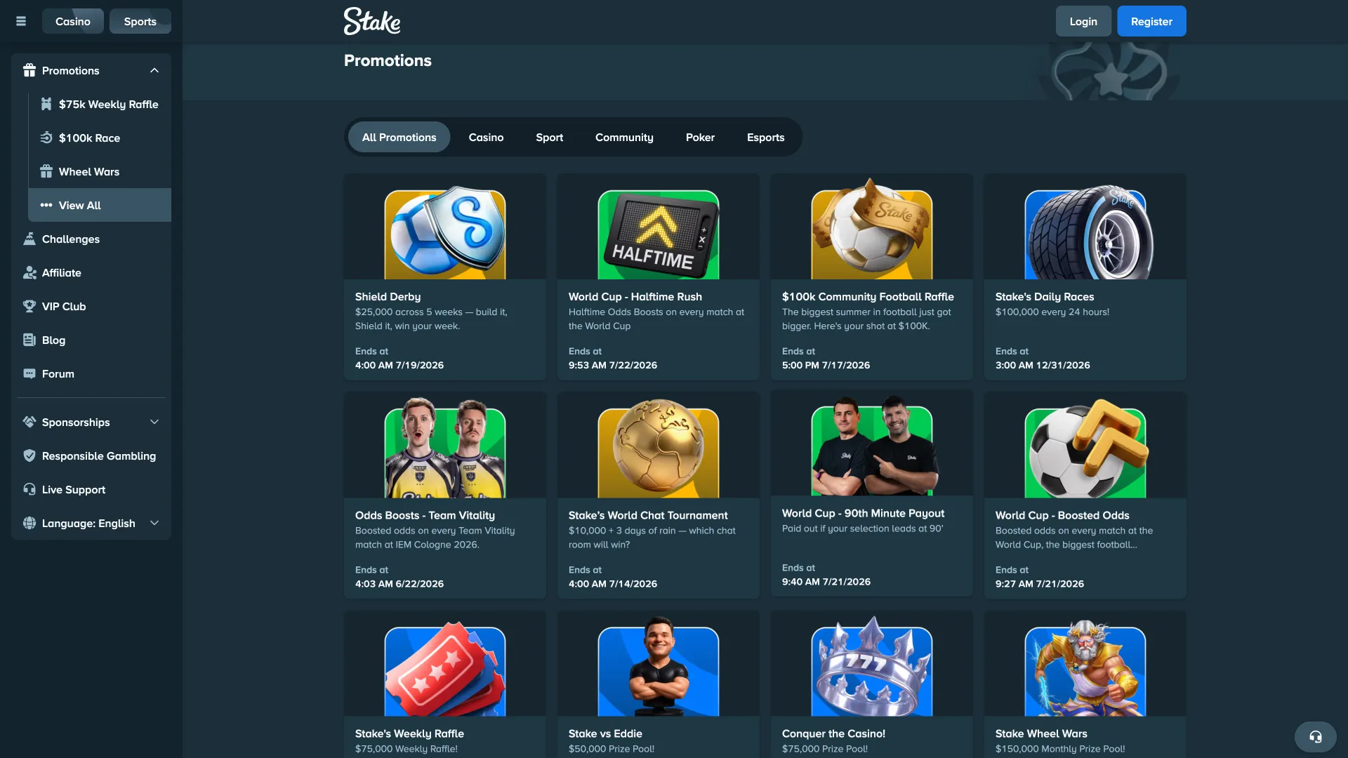Desktop view of Stake promotional offers.