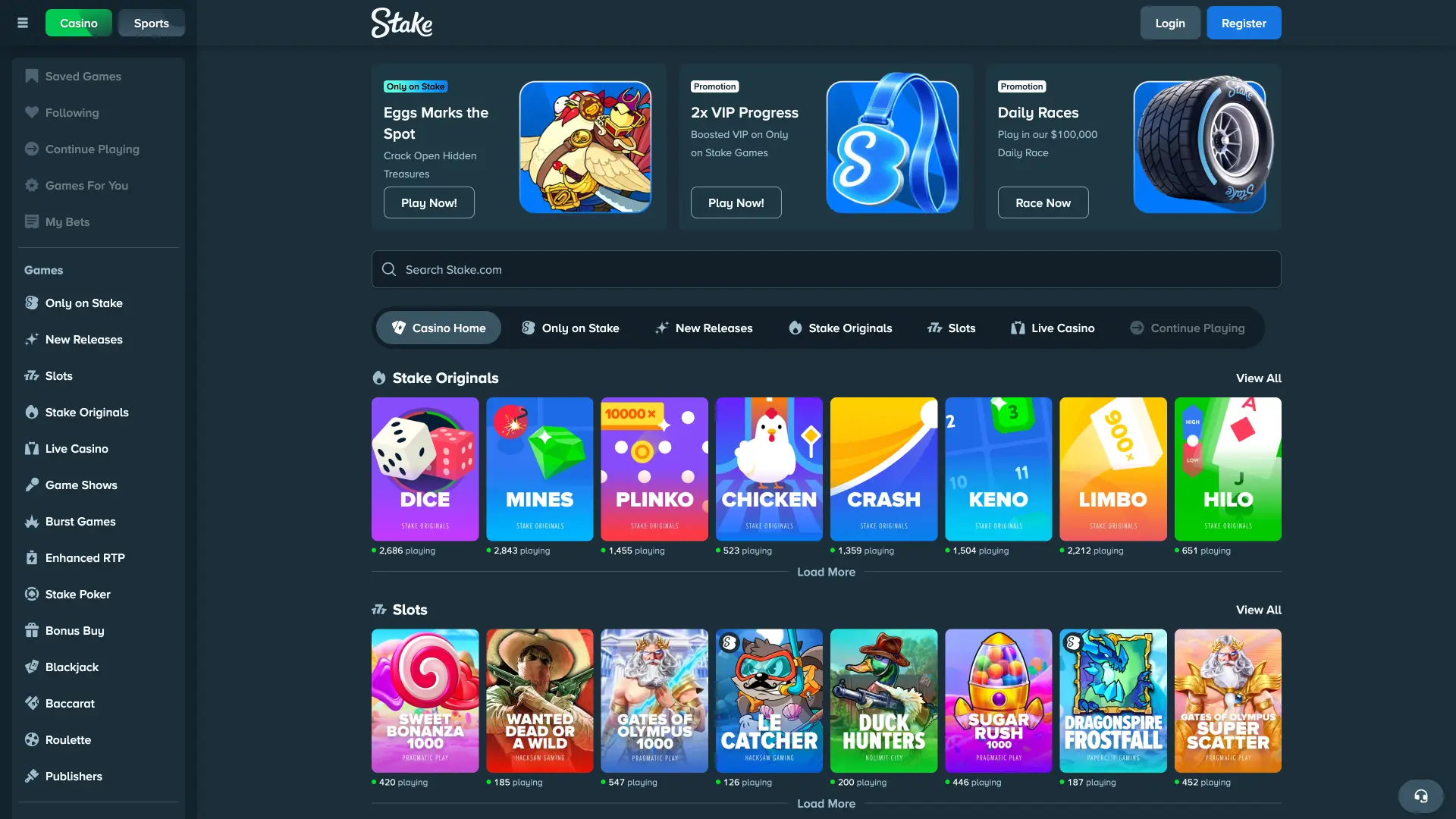Casino games variety on Stake desktop.