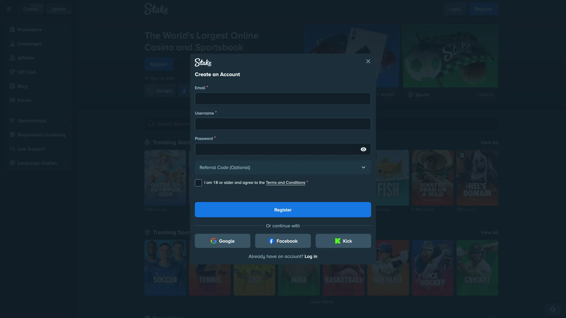 Create account page on Stake desktop.