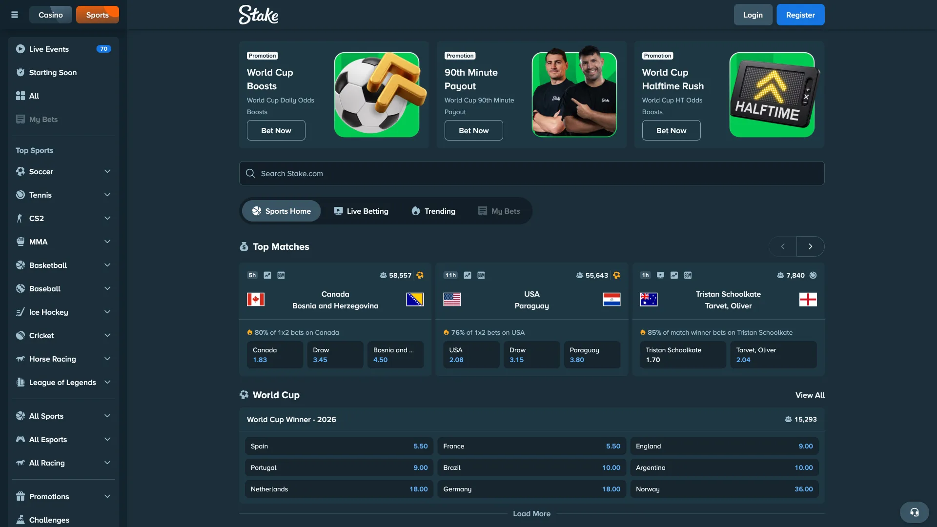 Sports events menu on Stake desktop.