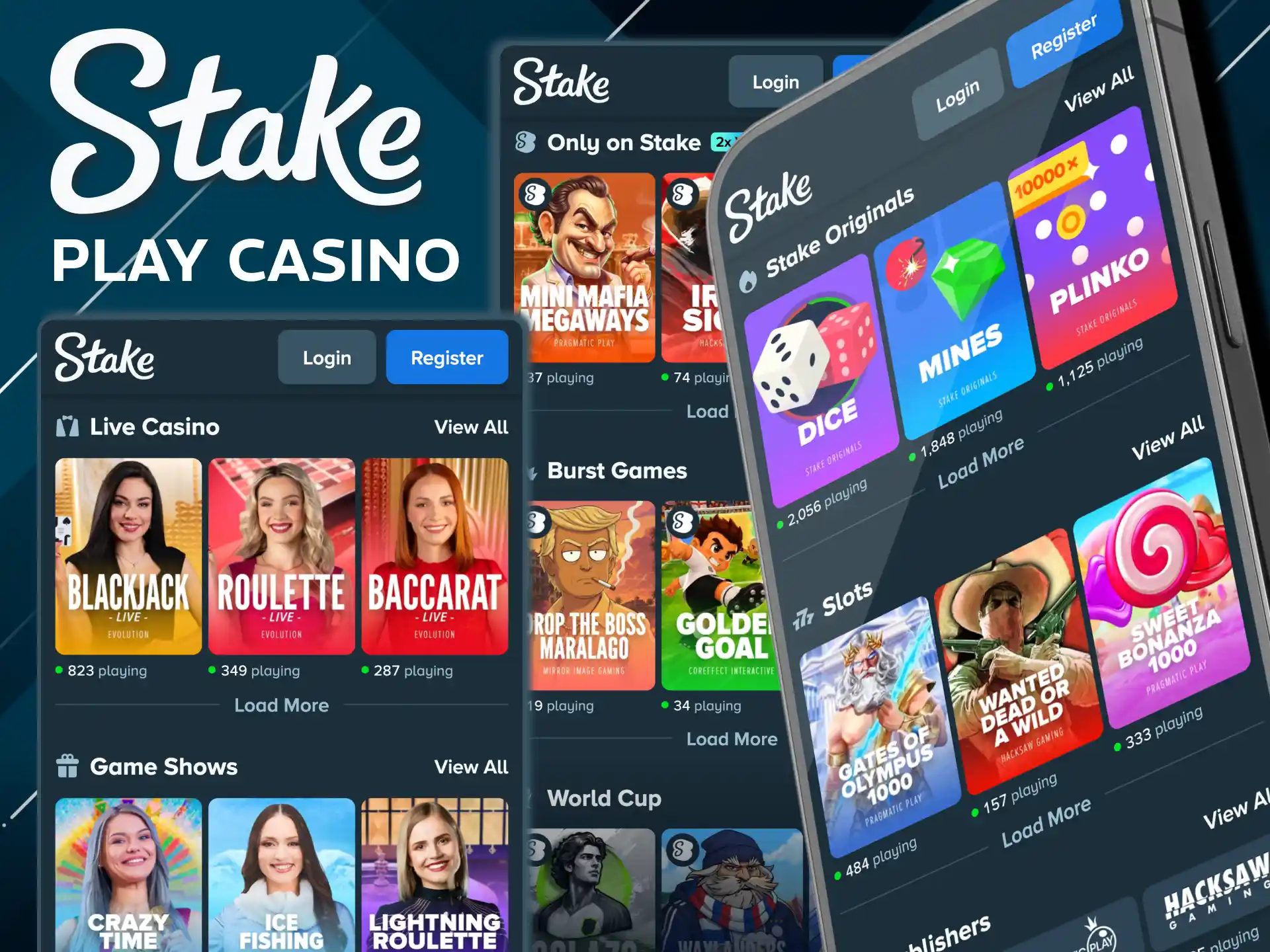 Full Stake casino lobby accessible anytime on mobile.