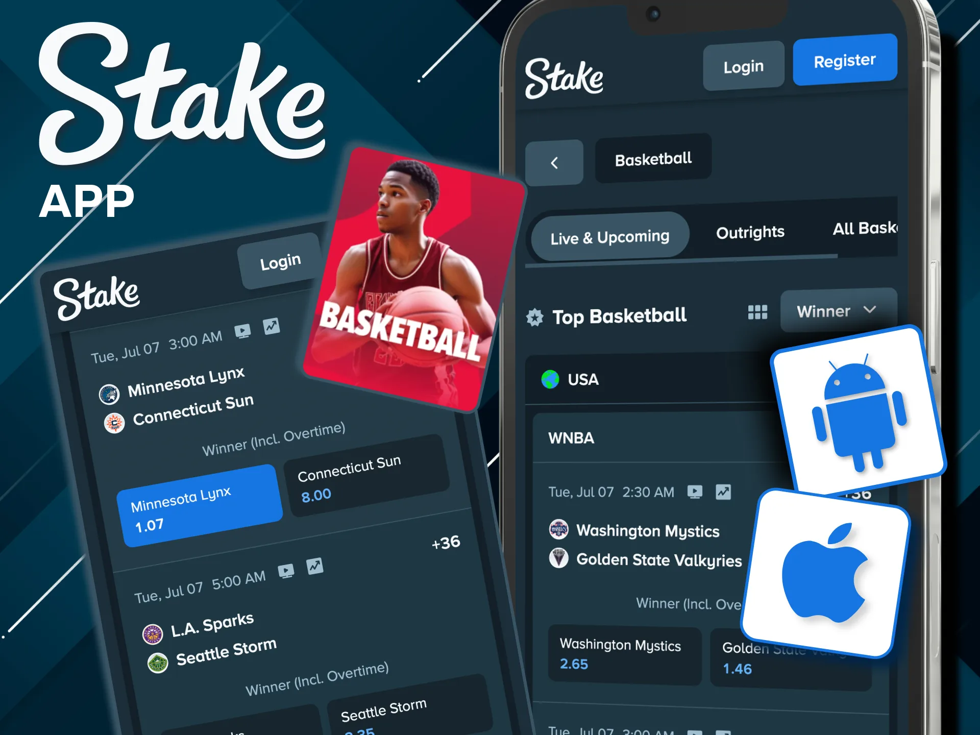 Stake basketball wagers accessible on Android and iOS.