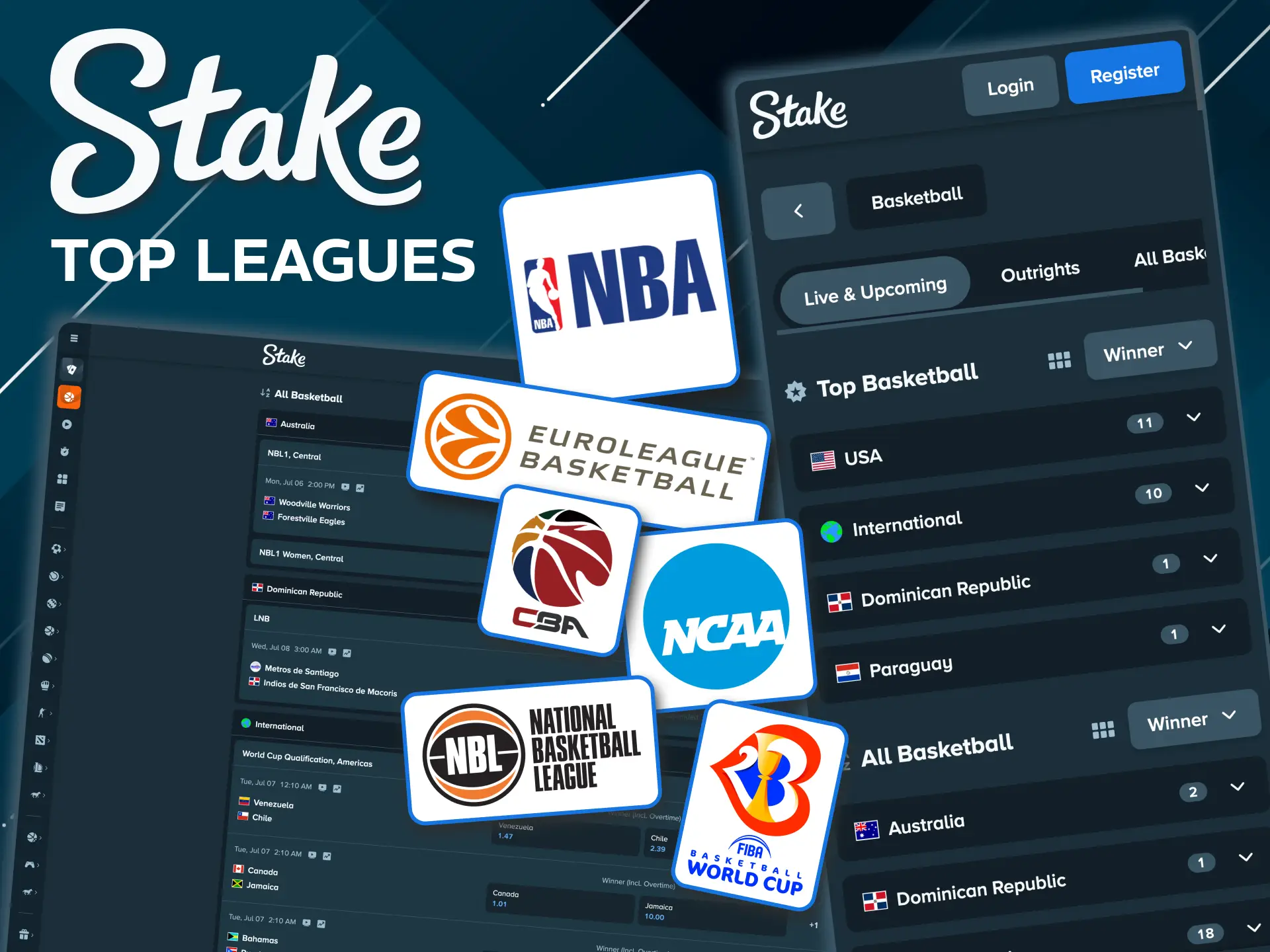 Stake live basketball odds cover NBA, EuroLeague, NCAA.