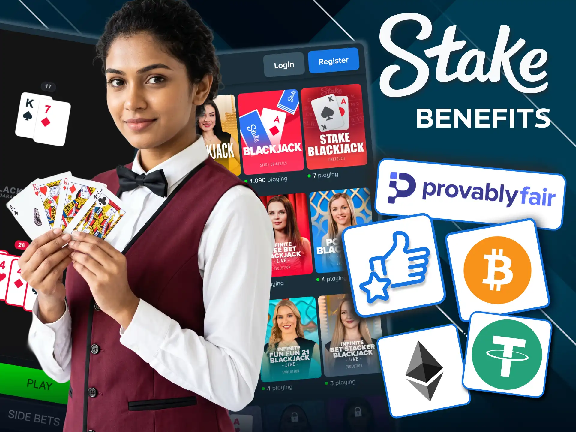 Multiple Stake blackjack variants available under one account.
