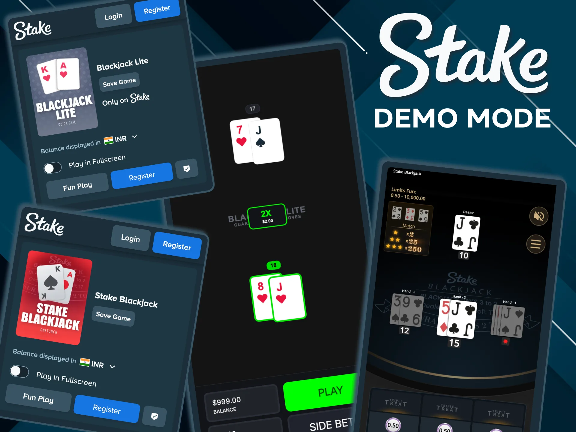 Practise blackjack free with Stake demo credits.