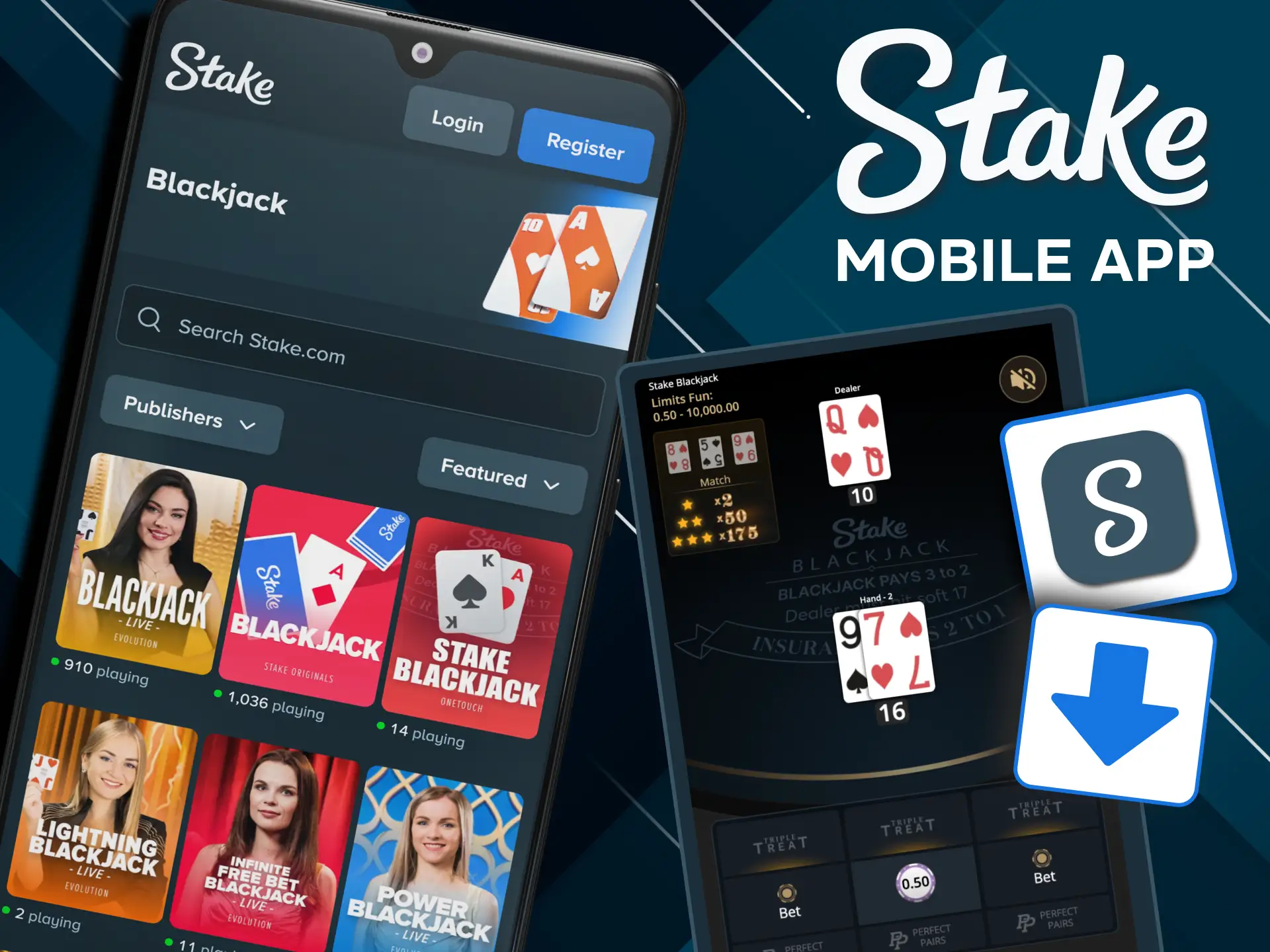 Stake app supports live dealer blackjack tables.