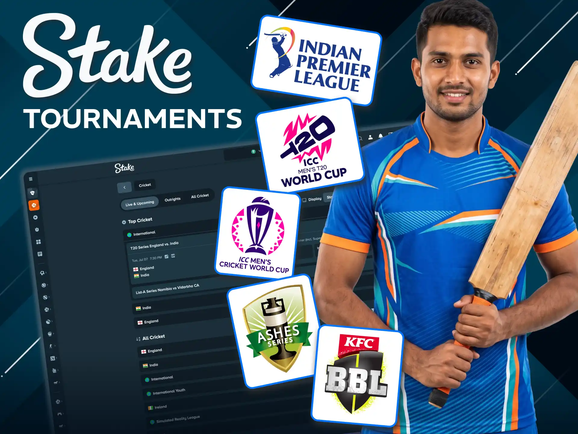 Stake lists full calendar of cricket tournaments worldwide.