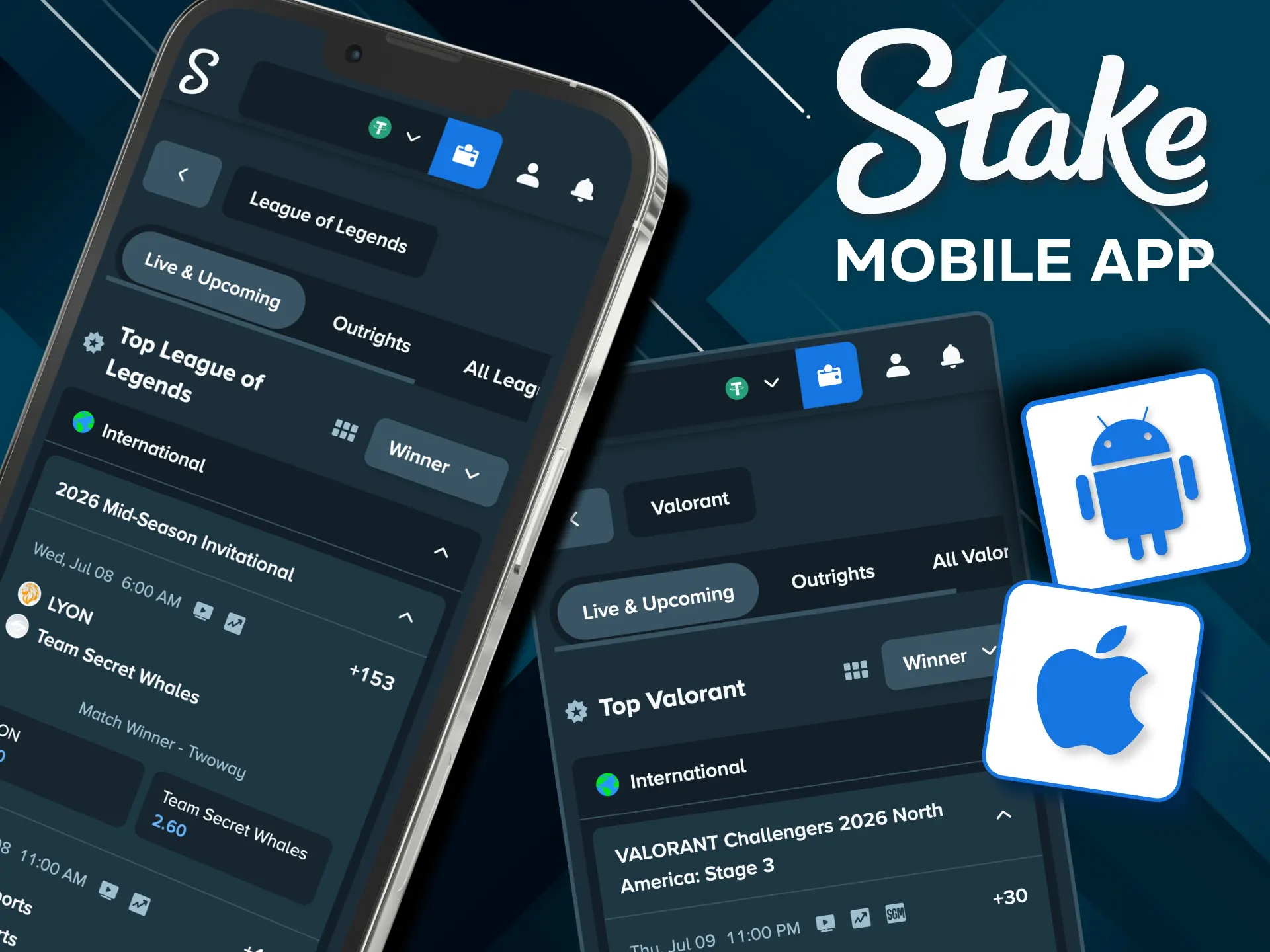 Stake eSports markets accessible on Android iOS app.