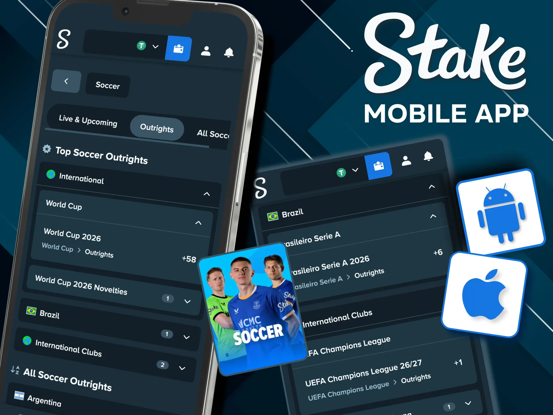 Stake football betting runs on mobile PWA.
