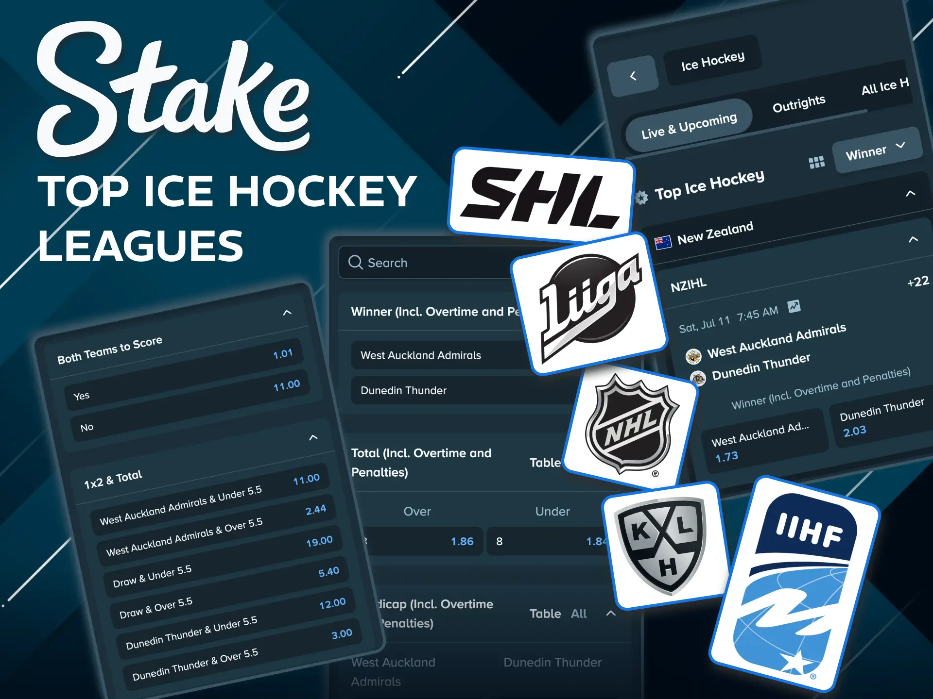 Stake lists major ice hockey leagues for live betting.