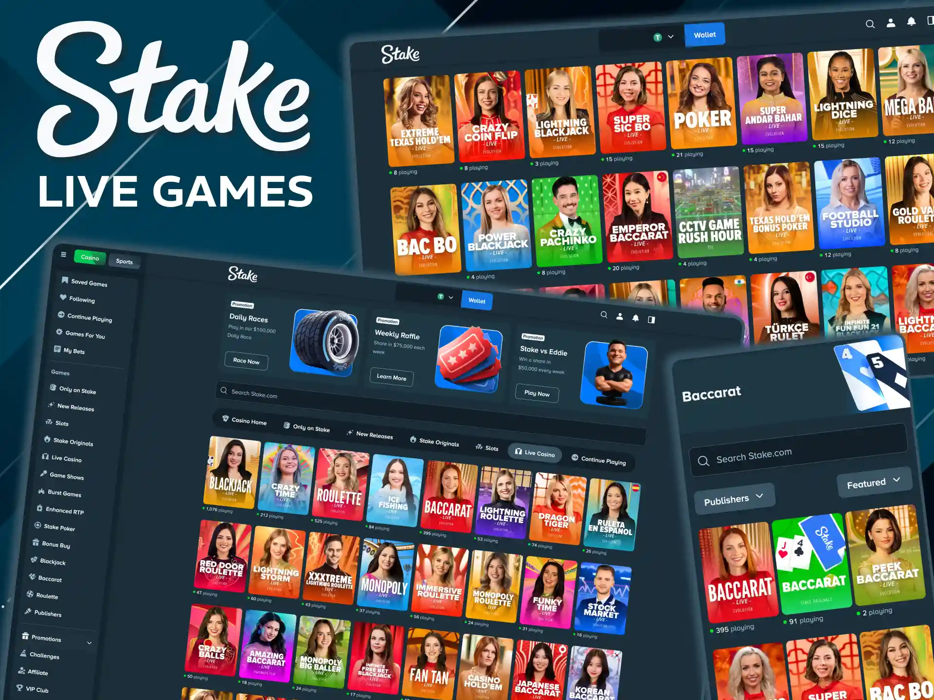 Stake offers nonstop live tables including Indian favorites.
