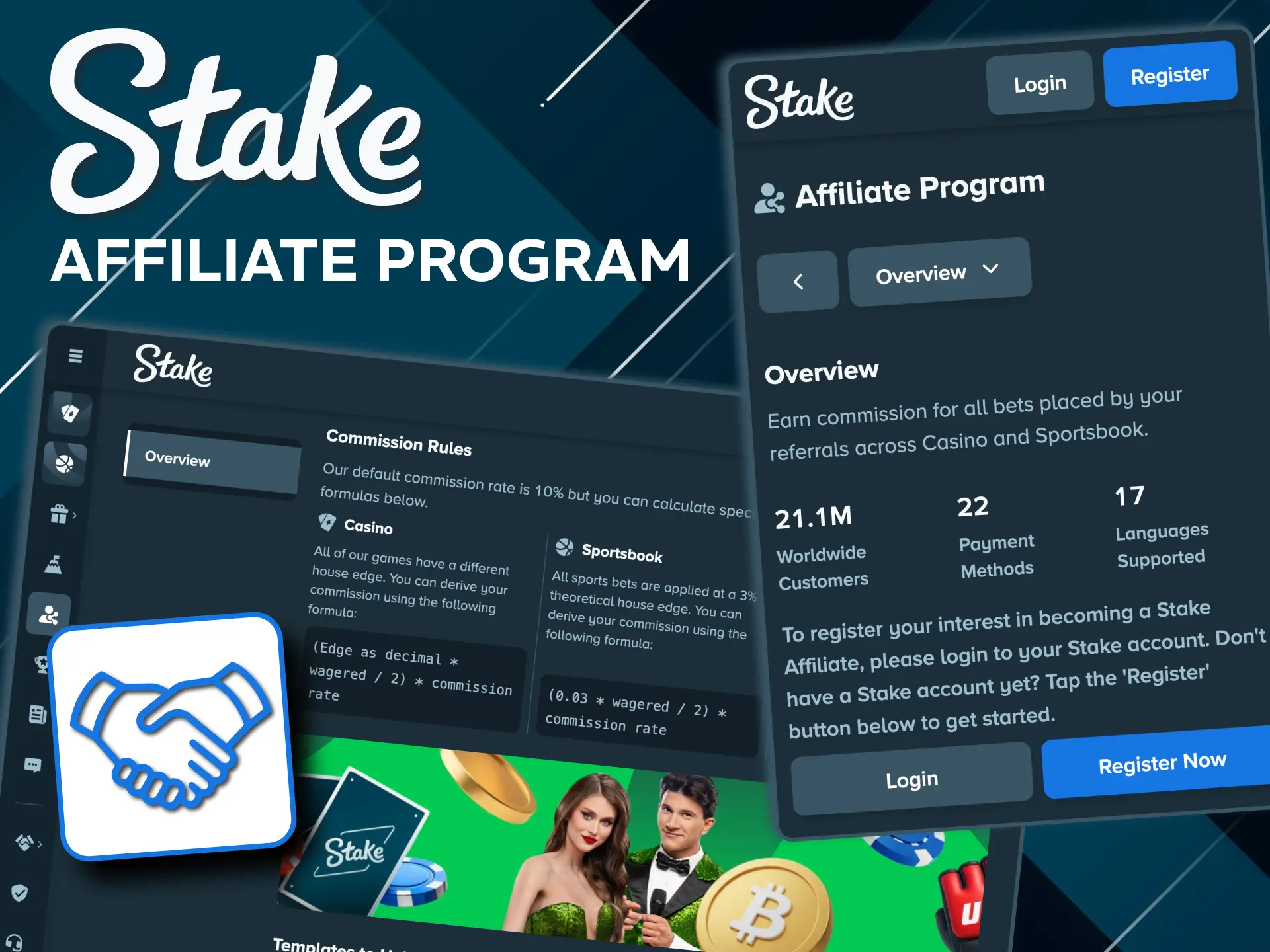 Stake affiliate program offers commissions on referred players.