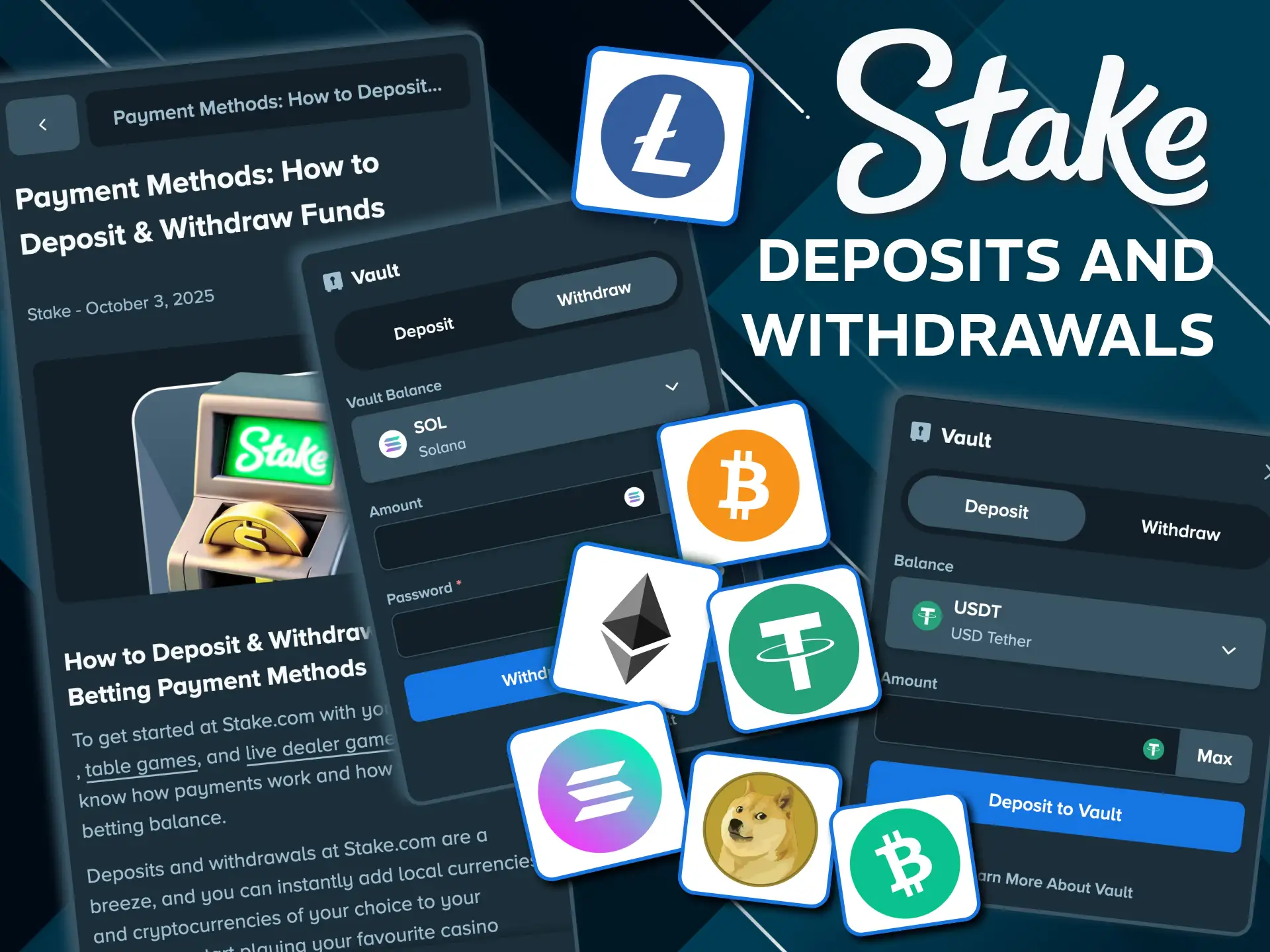 Stake India offers USDT, BTC, ETH, and more payments.