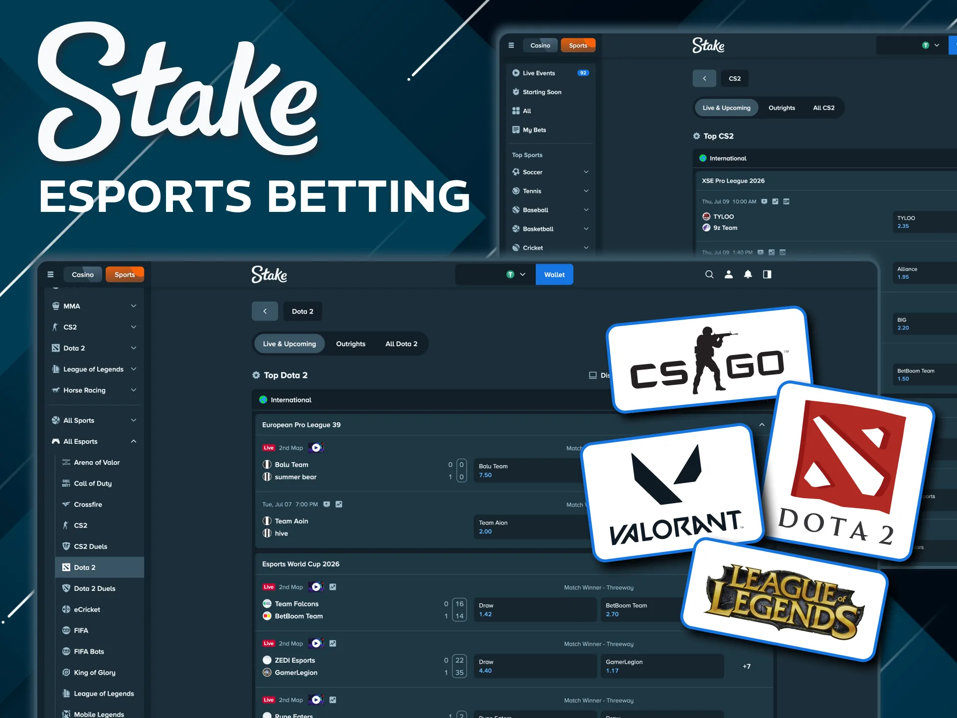 Stake sportsbook offers CS2, Dota 2, and Valorant markets.