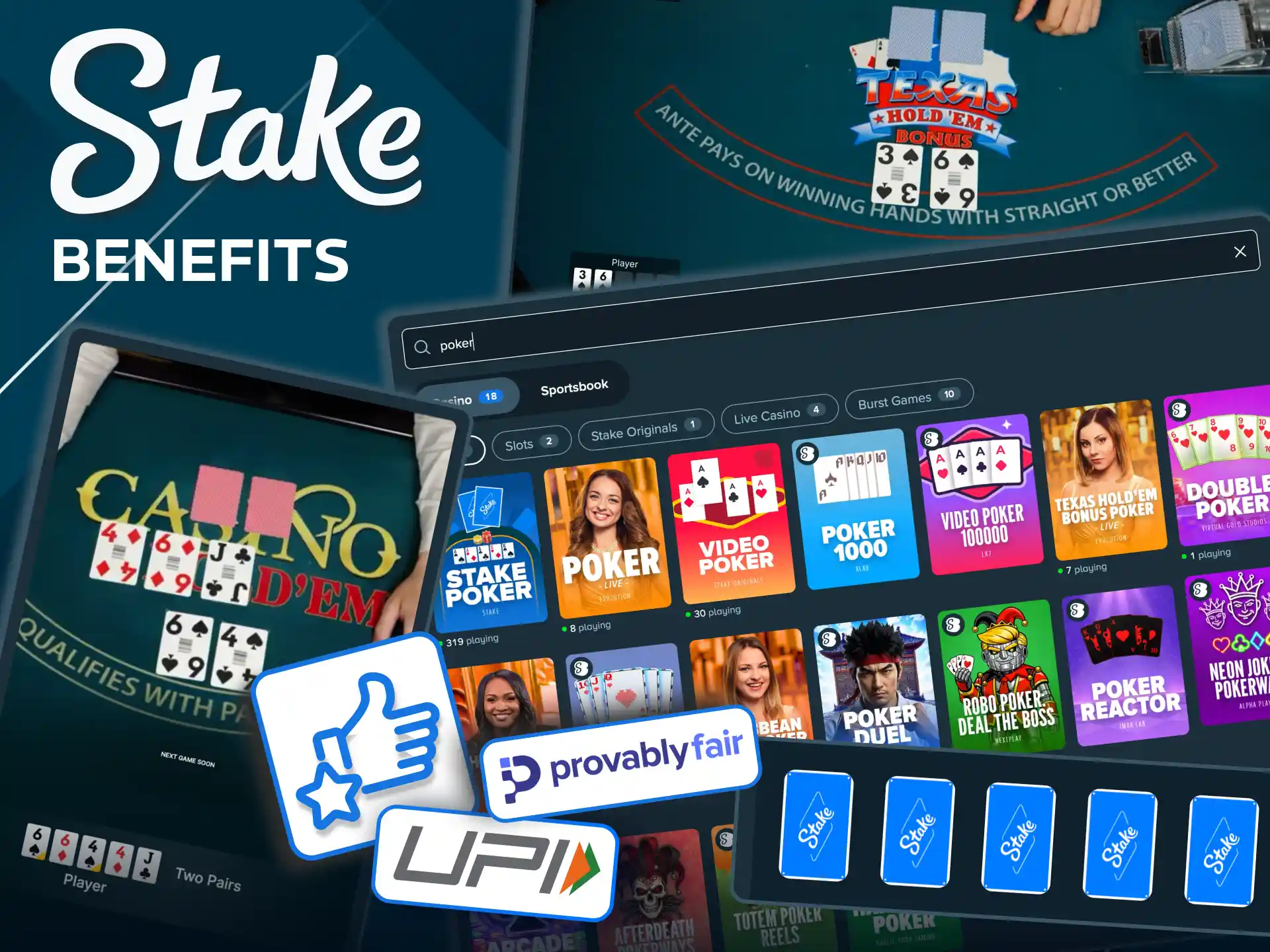 Stake poker benefits include bonuses and secure payments.