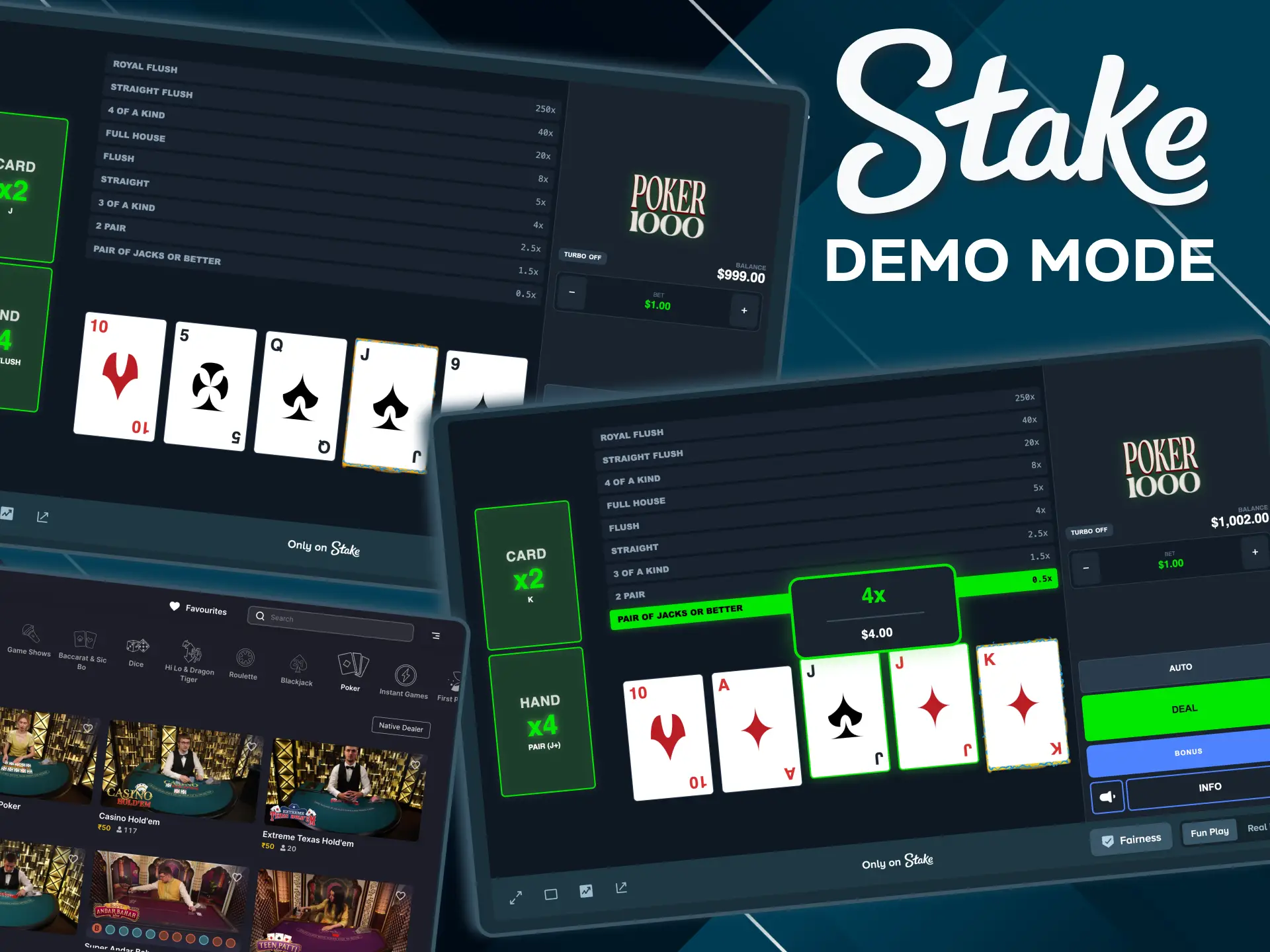 Play poker variants on Stake with demo credits.