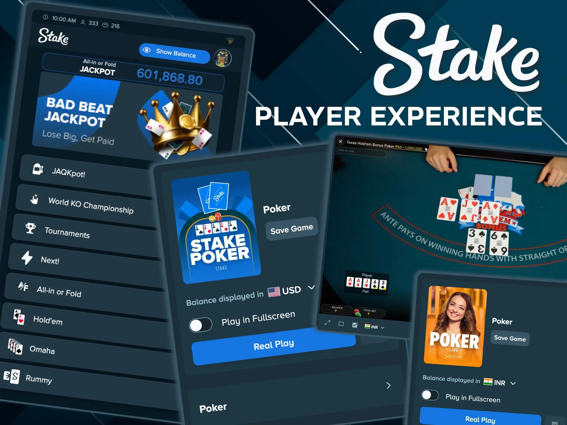 Play poker on Stake with responsive touch controls.