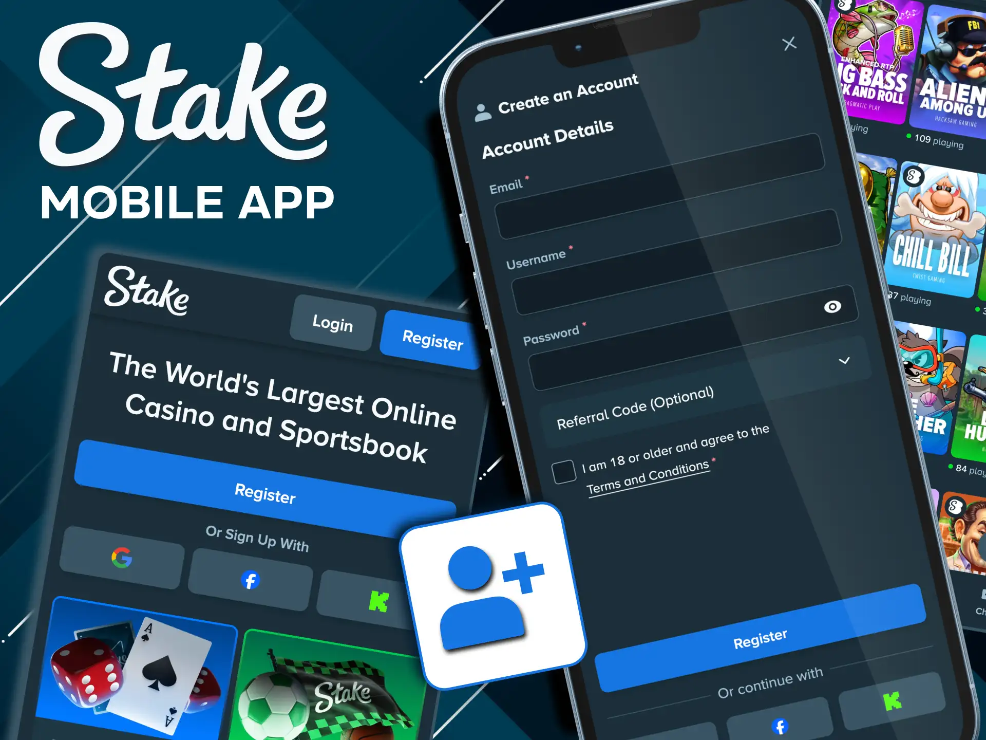 Register on Stake mobile app with quick touchscreen form.