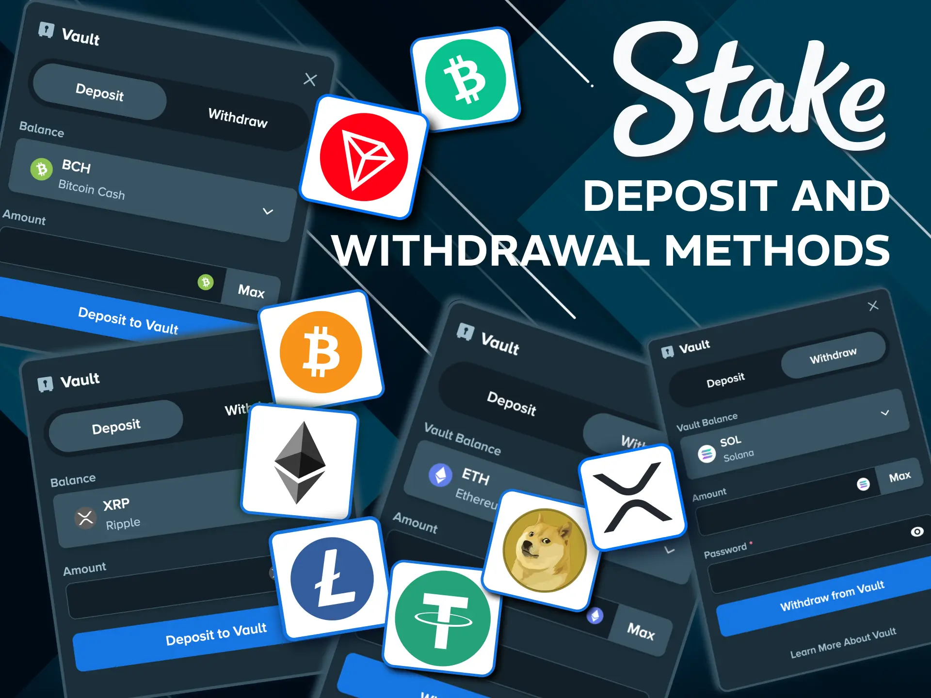 Stake supports crypto deposits including BTC, ETH, and USDT.