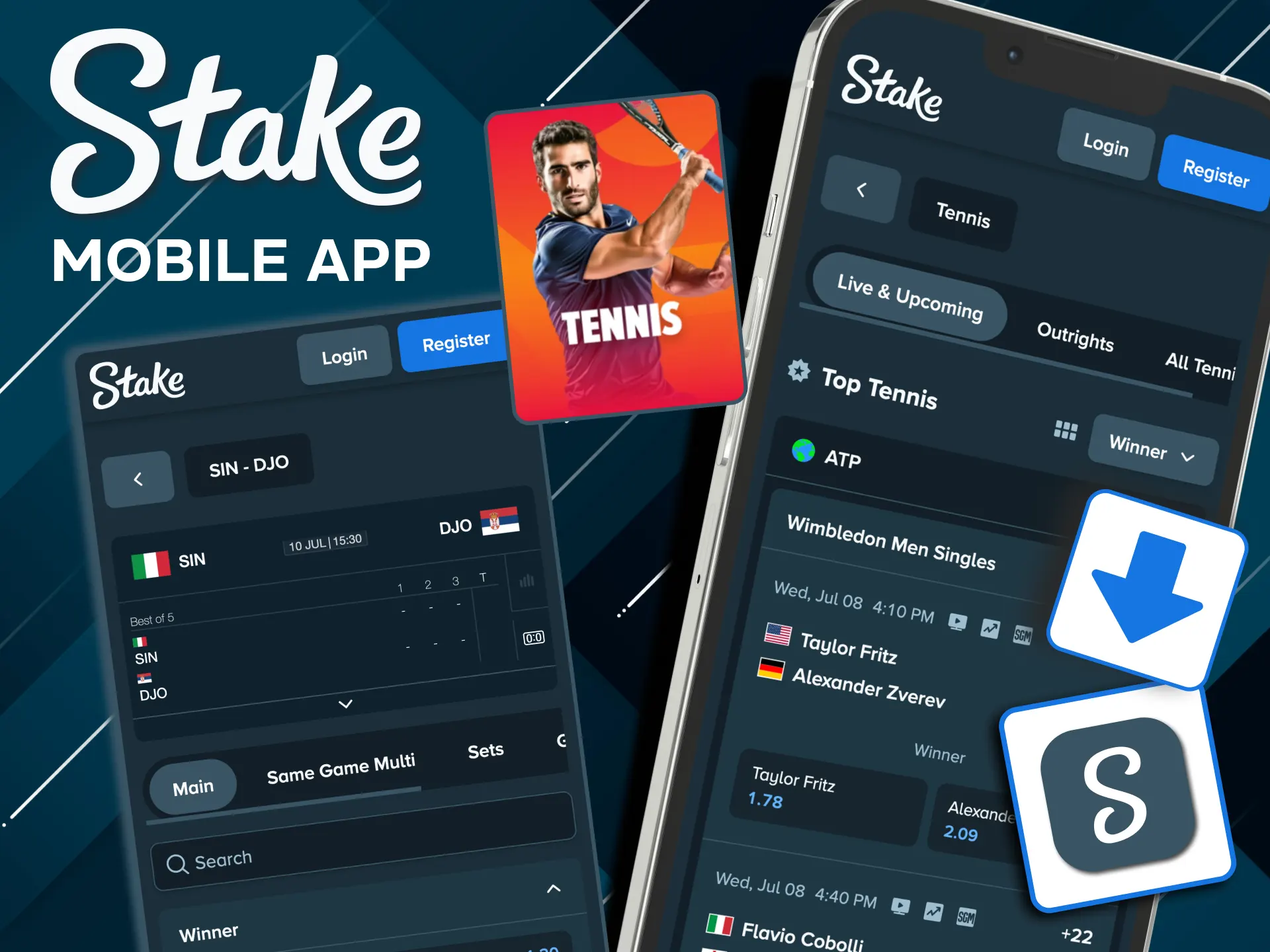 Play Stake tennis with live odds on Android and iOS.