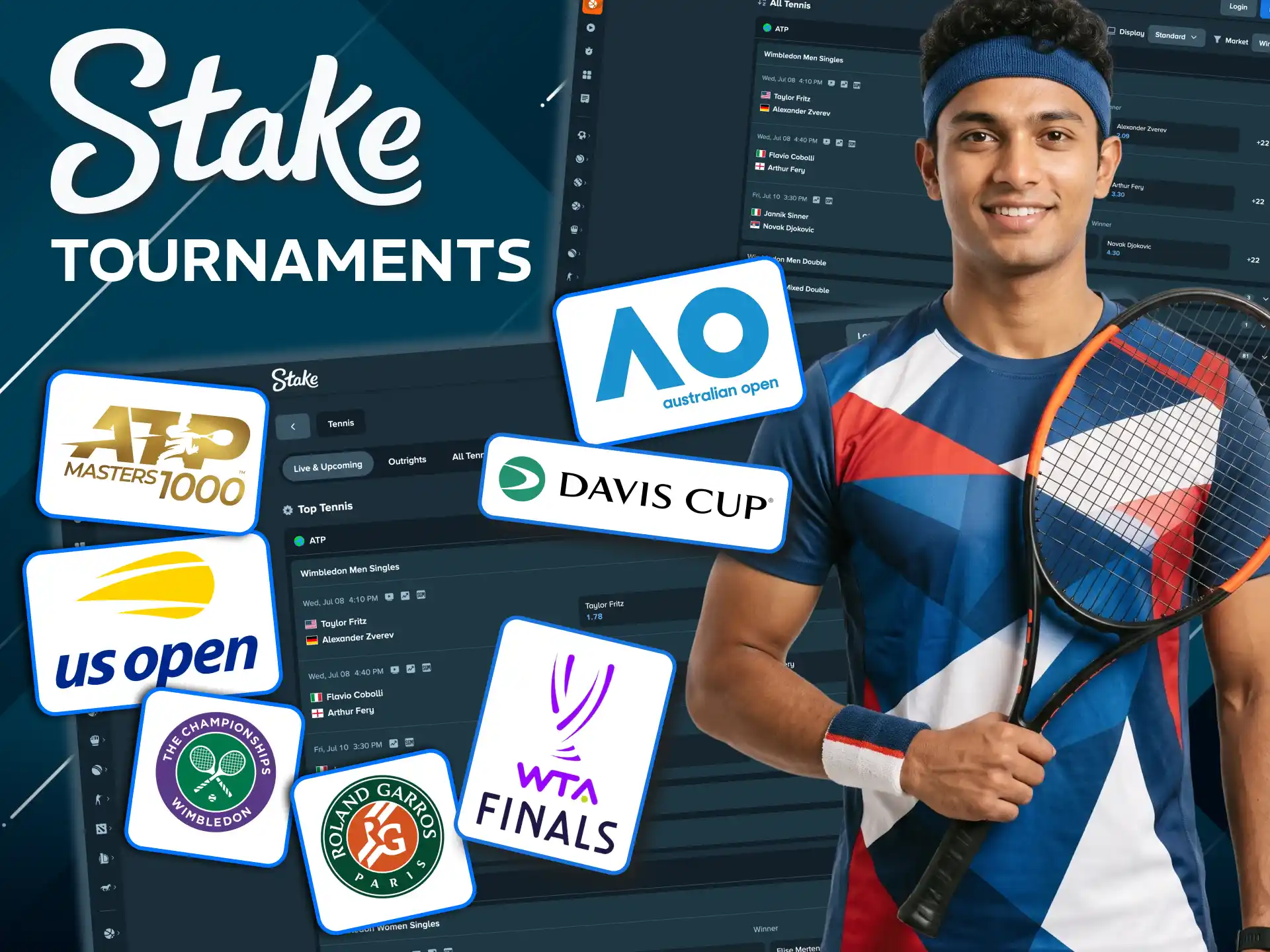 Stake tennis covers Grand Slams, ATP, WTA, and team events.